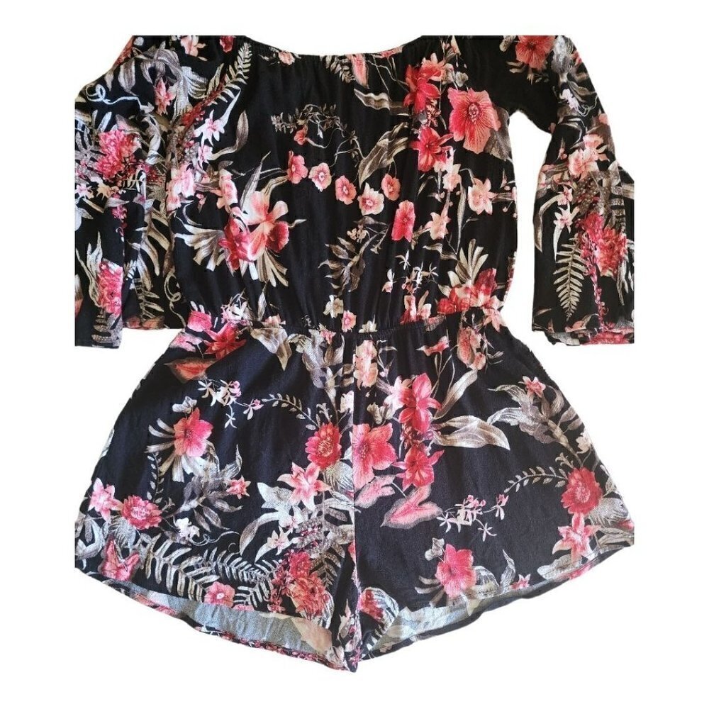 Lulus Wildwood Flower Black Tropical Print Off-the-Shoulder Romper Size M - Picture 2 of 10